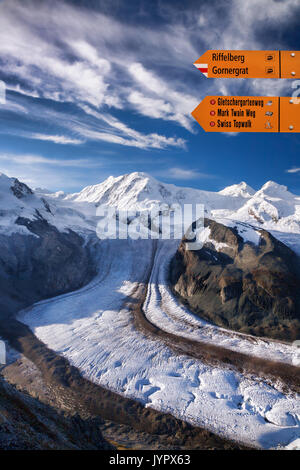 Swiss Alps with glaciers against blue sky, Zermatt area, Switzerland Stock Photo