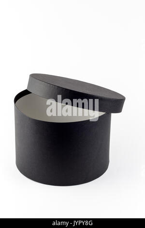 Round box. Black paper textured box empty and open with lid on top isolated on white background Stock Photo