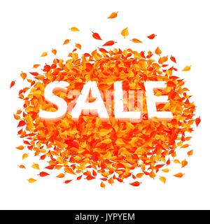 Autumn sale. Vector 3d text over a fiery bunch of autumn leaves. Red, orange, yellow fallen leaves around a white advertising letters. Stock Vector
