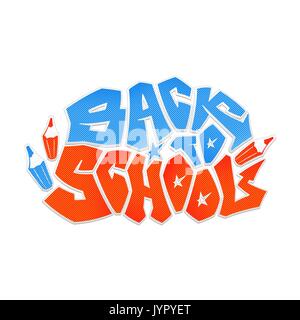 Back to School graffiti style vector logo. Blue and red halftone text and cartoon pencils. Urban font with a dots. Readiness for a new school season. Stock Vector
