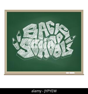 Graffiti logo Back to School drawn by a white chalk on the educational green board. Original vector symbol of readiness for a new school season. Stock Vector