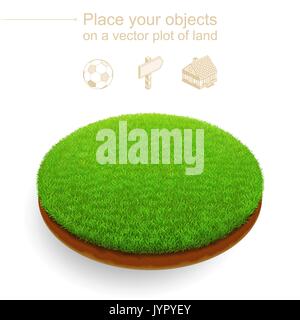 Round plot of land with a dense green grass and a brown cut of soil. Stylish trimmed lawn floats above a white background. Isometric natural location. Stock Vector