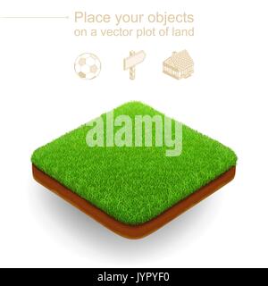 Square isometric lawn with a dense green grass and a brown cut of ground. Plot of land floats above a white background. 3D style. Stock Vector