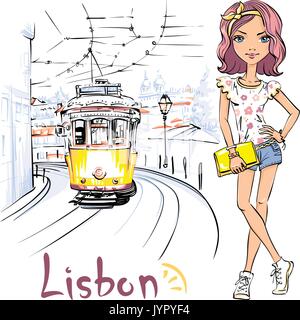 Girl and yellow 28 tram, Alfama, Lisbon, Portugal Stock Vector