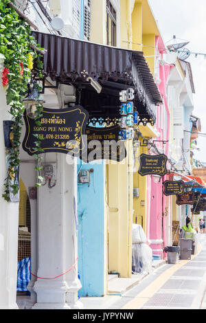 Restored sino portuguese architecture shophouses in Thalang Road, Old Phuket Town, Thailand Stock Photo