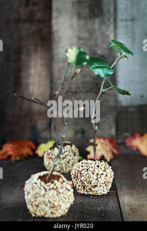 Three candy apples with nuts and caramel and twigs with leaves for Halloween against a rustic wooden background. Stock Photo