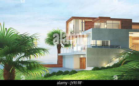 Modern new house with palm and view, 3d render illustration Stock Photo