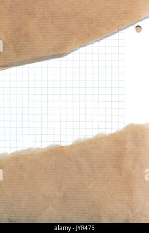 Teared up brown paper bag with window over white paper background Stock Photo