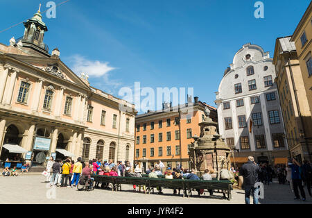 View of Stortorget square in Gamla Stan (Old Town), Stockholm, Sweden with Nobel Museum and Library in the former Stock Exchange Building Stock Photo