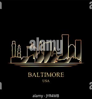 Gold silhouette of Baltimore on black background vector illustration Stock Vector