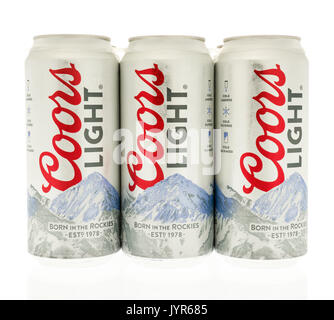 Winneconne, WI - 14 August 2017:  A six pack of Coors Light beer in cans on an isolated background Stock Photo