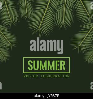green color background with side border decorative palm leaves and rectangular frame with summer text Stock Vector