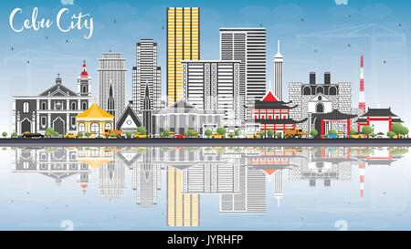 Cebu City Philippines Skyline with Gray Buildings, Blue Sky and Reflections. Vector Illustration. Business Travel and Tourism Illustration Stock Vector