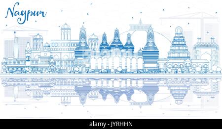 Outline Nagpur Skyline with Blue Buildings and Reflections. Vector Illustration. Business Travel and Tourism Concept with Historic Architecture. Stock Vector