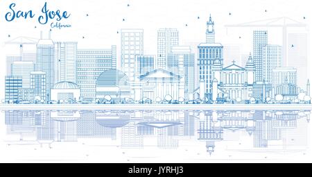 Outline San Jose California Skyline with Blue Buildings and Reflections. Vector Illustration. Business Travel and Tourism Concept Stock Vector