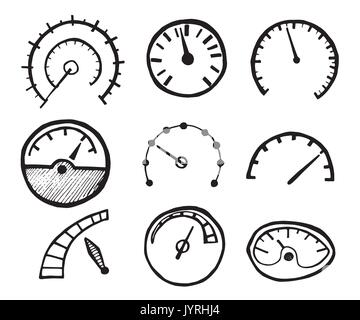 Collection of Hand Drawn Speedometer Icons Isolated on White Background. Vector Illustration. Stock Vector