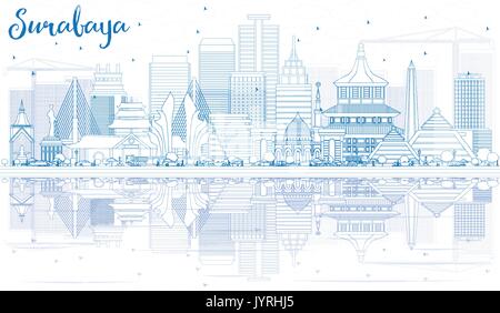 Outline Surabaya Skyline with Blue Buildings and Reflections. Vector Illustration. Business Travel and Tourism Concept with Modern Architecture. Stock Vector