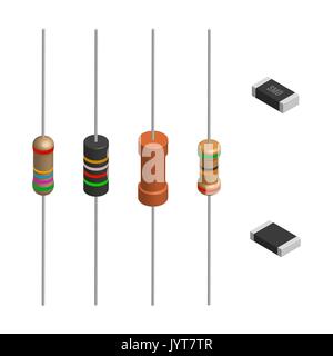 Set of resistors of different shapes isolated on white background. Elements design of electronic components. 3D isometric style, vector illustration. Stock Vector