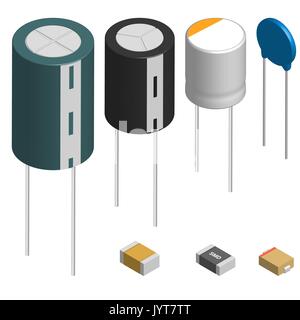 Set of capacitors of different shapes isolated on white background. Elements design of electronic components. 3D isometric style, vector illustration. Stock Vector