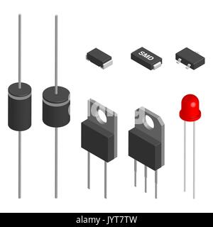 Set of diodes of different shapes isolated on white background. Elements design of electronic components. 3D isometric style, vector illustration. Stock Vector