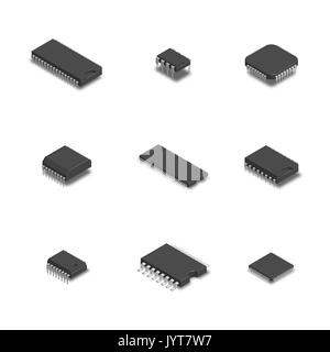 Set of chips of different shapes isolated on white background. Elements design of electronic components. 3D isometric style, vector illustration. Stock Vector