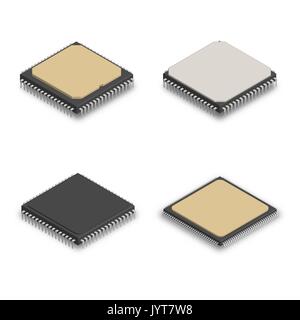 Set of processors of different shapes isolated on white background. Elements design of electronic components. 3D isometric style, vector illustration. Stock Vector