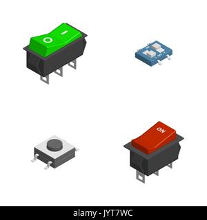 Set of different electric buttons and switches isolated on white background. 3D isometric style, vector illustration. Stock Vector