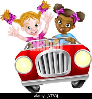 Cartoon Girl Characters Driving Car Stock Vector