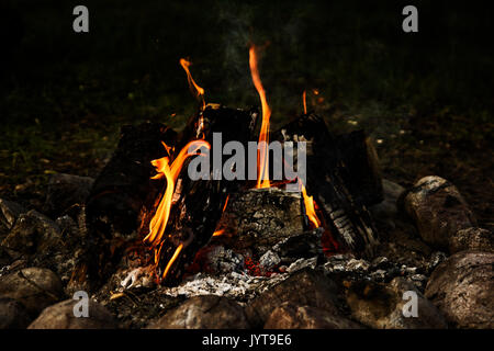 large campfire, bonfire outdoors with burning coals and flames Stock Photo