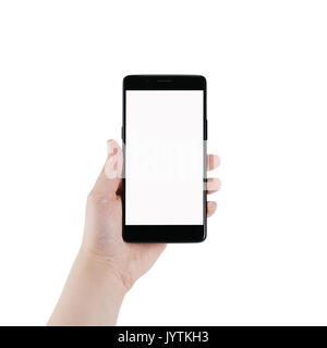 female teen left hand holding smartphone isolated on white Stock Photo ...