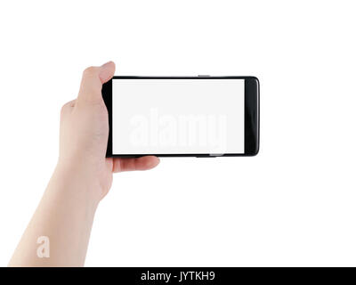 female teen left hand holding smartphone isolated on white Stock Photo ...