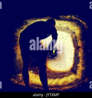 Watercolor paint. Paint effect. Watercolor paint. Paint effect. Boy in a cave or dry sandstone water channel, back shot. Visiting of old underground Stock Photo