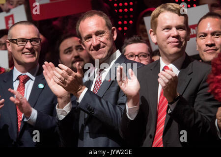 Auckland, New Zealand. 20th Aug, 2017. Labour Party leader MP Andrew Little( M), Dr David Clark (L) and Chris Hipkins( R) during the Labour Party's official campaign launch at Auckland Town Hall, New Zealand on Aug 20, 2017. The 2017 New Zealand general election is scheduled to be held on 23 September 2017 . The current government is National Party. Credit: Shirley Kwok/Pacific Press/Alamy Live News Stock Photo