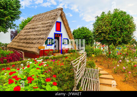 Traditional rural house with straw roof in Santana village, Madeira island, Portugal Stock Photo