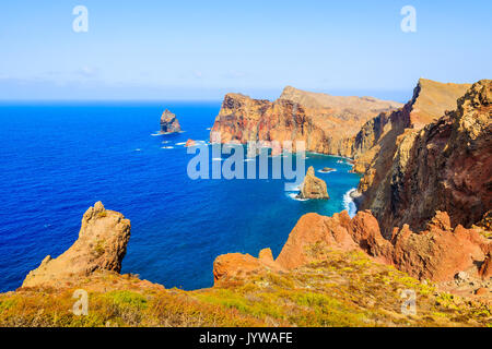 Coastal cliffs at Ponta de Sao Lourenco peninsula, Madeira island, Portugal Stock Photo