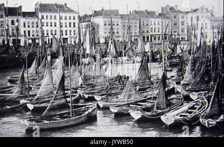 c1940's. Small fishing boats in Ostend Harbour, Belgium Stock Photo