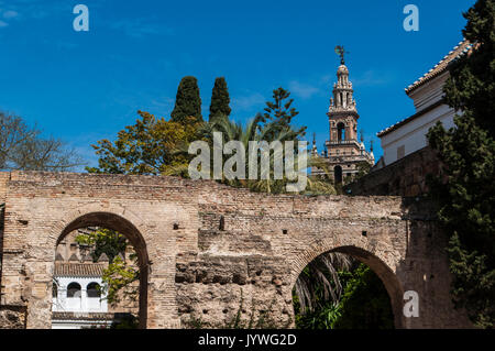 Seville: the Giralda, bell tower of the Cathedral, built as minaret in the Moorish period, seen from the walls of the Lion's Gate in the royal Alcazar Stock Photo