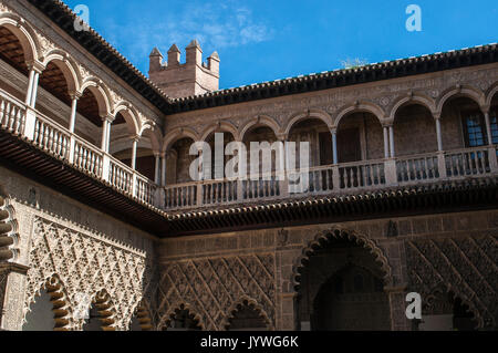 Spain: view of the Patio de las Doncellas, the Courtyard of the Maidens of the King Peter I Palace in the Alcazar of Seville, the famous royal palace Stock Photo