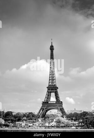 A black and white view of the Eiffel Tower on a sunny day in Paris, France Stock Photo