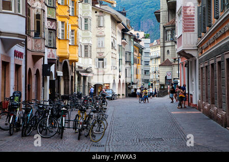 BOLZANO, ITALY - JUNE 24, 2017: Bolzano is a city in the South Tyrol province of north Italy, set in a valley amid hilly vineyards. Stock Photo