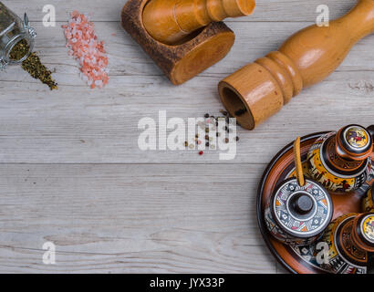 oils and spices top view with wooden background Stock Photo