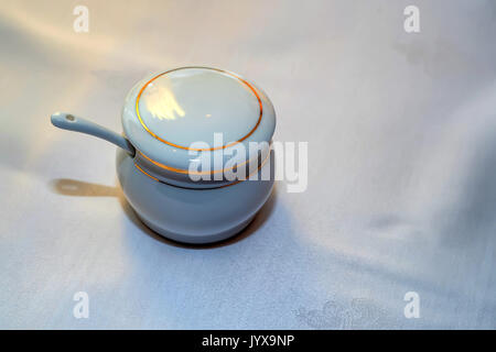 Top view white sugar bowl in restaurant Stock Photo