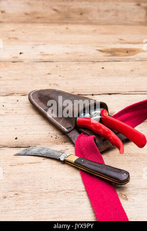 Secateurs in leather holster alongside a pruning knife on a wooden bench. Stock Photo