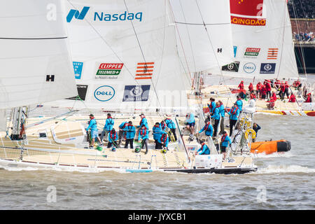 Liverpool, UK. 20th Aug, 2017. The Clipper Round the World Yacht Race began on the River Mersey in Liverpool on Sunday, August 20, 2017. The race involves 12 teams, sailing eight legs and a record breaking 40,000 nautical miles. The race will come to an end back in Liverpool in 2018. Credit: Christopher Middleton/Alamy Live News Stock Photo