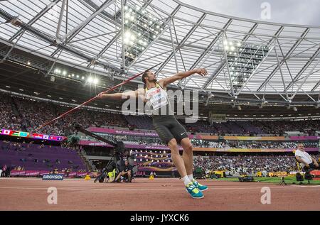 London, Grossbritannien. 12th Aug, 2017. Kai KAZMIREK, Deutschland, 3.Platz, Aktion Speerwerfen Zehnkampf, am 12.08.2017 Leichtathletik Weltmeisterschaft 2017 in London/ Grossbritannien, vom 04.08. - 13.08.2017. | Verwendung weltweit Credit: dpa/Alamy Live News Stock Photo