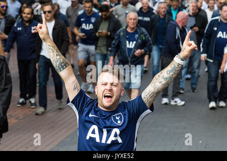 London, UK. 20th Aug, 2017. An exuberant fan gestures as Tottenham Hotspur host their first game of the Premier League season at their temporary home ground, Wembley Stadium, hosting Chelsea FC. Credit: Paul Davey/Alamy Live News Stock Photo