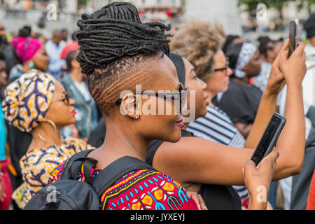 London, UK. 20th Aug, 2017. The crowd is multi ethnic but predominantly black and is entertained by thought provoking music amd poetry - An anti slavery event is organised by My Tribe in Trafalgar Sqaure to coincide with International Slavery Remembrance Day, for victims of the Transatlantic Slave Trade, which is on August 23rd. London 20 Aug 2017. Credit: Guy Bell/Alamy Live News Stock Photo