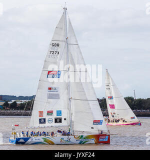 Liverpool, UK. 20th Aug, 2017. Team Sanya & Liverpool 2018 Clipper boats on the River Mersey.  The Clipper Race (now in its eleventh year) sees twelve global teams compete in a 40000 nautical mile around the world race on a 70 foot ocean racing yachts.  The teams left the host port of Liverpool on 20 August 2017 to begin their first leg – a 5200 mile mile journey lasting approximately 33 days to South America, taking in the Canary Islands & Doldrums along the way. Credit: Jason Wells/Alamy Live News Stock Photo