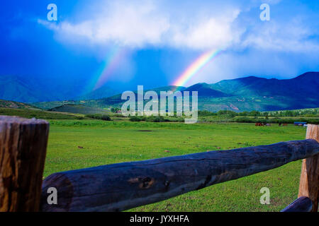 Aspen, Colorado, USA. 9th Aug, 2016. A double rainbow appears near the Owl Creek Ranch in Aspen, Colorado. Credit: Alex Edelman/ZUMA Wire/Alamy Live News Stock Photo