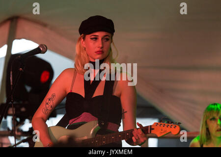 MADONNATRON play on the Rising Stage. Glanusk Park, Brecon, UK. 20th Aug, 2017. Day Three of the Green Man music festival in the Brecon Beacons Mountains in Wales. Credit: Rob Watkins/Alamy Live News.   INFO: Madonnatron is a London-based all-female rock band known for their dark, psychedelic sound and raw energy. Emerging in the mid-2010s, they blend gothic, punk, and psych influences, delivering powerful, atmospheric music with haunting vocals and intense live performances. Stock Photo